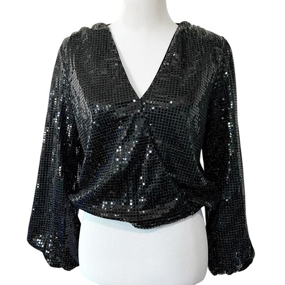 Womens Black Sequin Top Wrap Style V-Neck Long Balloon Sleeves Party Glam Sz M - Picture 1 of 8